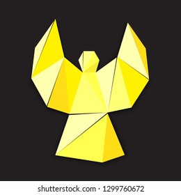 Vector angel cut out of paper in origami style. Isolated on black background.