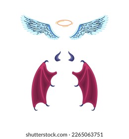 Vector angel and daemon wings set. Leathery wings of devil and angel fiends flying wide open with halo and horns and claws. Hand drawn halloween festival holiday isolated illustration