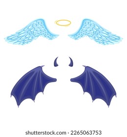 Vector angel and daemon wings set. Leathery wings of devil and angel fiends flying wide open with halo and horns and claws. Hand drawn halloween festival holiday isolated illustration