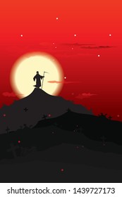 vector angel of dead standing on graveyard and full moon background