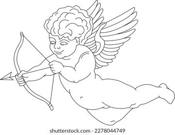 Vector angel with love arrows, cupid. Linear, isolated on white element design card, poster, invitation, illustration for wedding or saint valentines day.