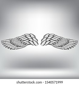 Vector Angel or Phoenix Wings on Grey Blurred Background. Winged Logo Design. Part of Eagle Bird. Design Elements for Emblem, Sign, Brand Mark.