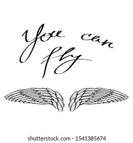 Vector Angel or Phoenix Wings on Grey  Blurred Background. Winged Logo Design. Part of Eagle Bird. Design Elements for Emblem, Sign, Brand Mark. You Can Fly Text. Hand Drawn Motivational Lettering.