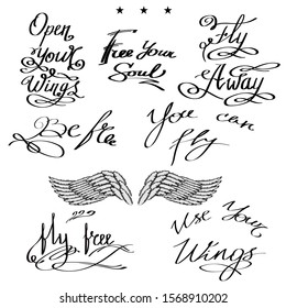 Vector Angel or Phoenix Wings. Winged Logo Design. Part of Eagle Bird. Design Elements for Emblem, Sign, Brand Mark. Fly Away Text. Hand Drawn Motivational Lettering.