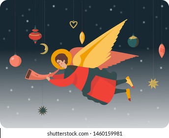 Vector angel with set of vintage toys for Christmas tree, traditional New Year decorations