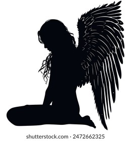 Vector Angel silhouette of a winged figure kneeling. The woman figure has long, flowing hair and large wings extending from its back. Isolated black color angel design on white background. 