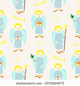 Vector - angel with star shape, candle, shepherds crook and fir twig.