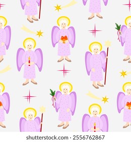 Vector - angel with star shape, candle, shepherds crook and fir twig.