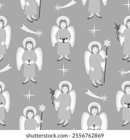 Vector - angel with star shape, candle, shepherds crook and fir twig.