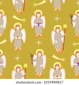 Vector - angel with star shape, candle, shepherds crook and fir twig.