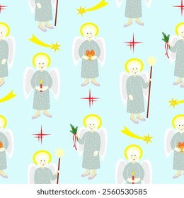 Vector - angel with star shape, candle, shepherds crook and fir twig.