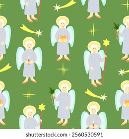 Vector - angel with star shape, candle, shepherds crook and fir twig.