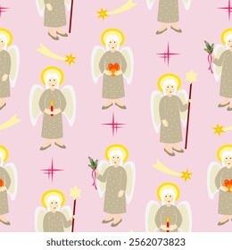 Vector - angel with star shape, candle, shepherds crook and fir twig.