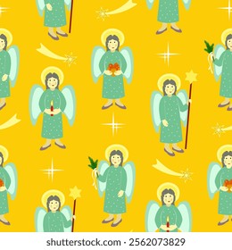 Vector - angel with star shape, candle, shepherds crook and fir twig.