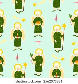 Vector - angel with star shape, candle, shepherds crook and fir twig.