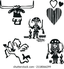 vector angel for valentine's holiday. Set of different vintage cupid. Various flying angels with valentine's day collection. Vector monochrome amur hand drawn illustration.