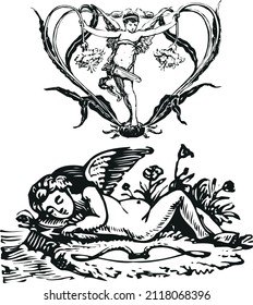 vector angel for valentine's holiday. Set of different vintage cupid. Various flying angels with valentine's day collection. Vector monochrome amur hand drawn illustration.
