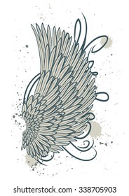 vector angel wing with swirls and stains isolated on white. EPS