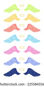 Vector angel wings of diverse colors set. Green, orange, black, pink, blue ide open feather wings with halo isolated illustration