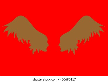 vector angel wings.two girl's profile on on the wings - hair background, vector linen illustration for banner, card, cover.