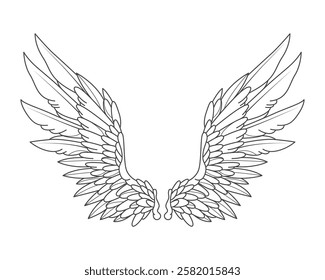 Vector angel wings or ornamental bird feather. Vector heraldic or medieval symbol. Element with heavenly or ethereal outline. Contour or shape for celestial or sacred tattoo. Winged phoenix element.