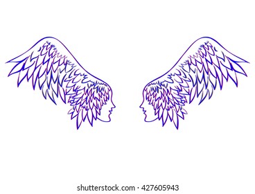 vector angel wings. profile human faces on the wings - hair , linen vector illustration for banner, card, cover.