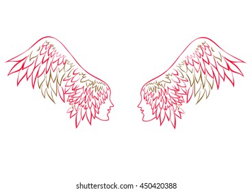 vector angel wings. profile human faces on the wings - hair , linen vector illustration for banner, card, cover.