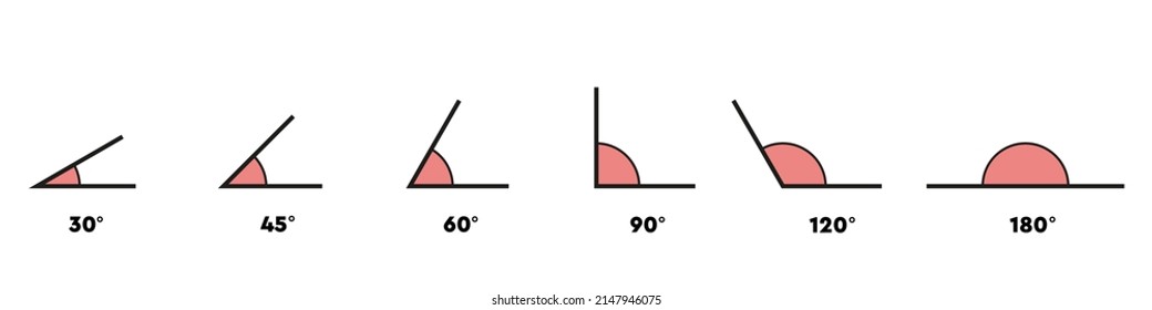 Vector Angle Degrees collection. 30, 45, 60, 90, 120, 180 degrees angle. Geometric elements isolated on white