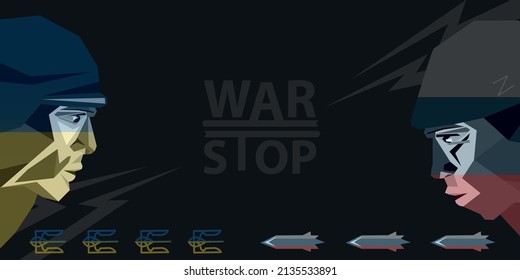 Vector angles, in the profile of two soldiers in helmets - Ukraine and Russia in the colors of national flags. Ukrainian-Russian military crisis, war. Conflict between Ukraine and Russia.