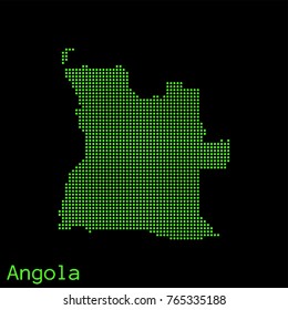 Vector Angola map dotted silhouette with green dots on a black background (as on old ancient computers running DOS)