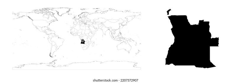 Vector Angola map showing country location on world map and solid map for Angola on white background. File is suitable for digital editing and prints of all sizes.