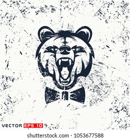 vector angry bear head, hipster face on grunge background 