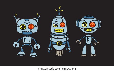 vector angry blue metallic robot cartoon set