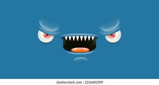 Vector angry blue monster face with open mouth with fangs and evil eyes isolated on blue horizontal background. Halloween cute and angry monster design template for poster, banner and tee print