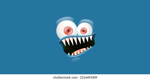 Vector angry blue monster face with open mouth with fangs and evil eyes isolated on blue horizontal background. Halloween cute and angry monster design template for poster, banner and tee print