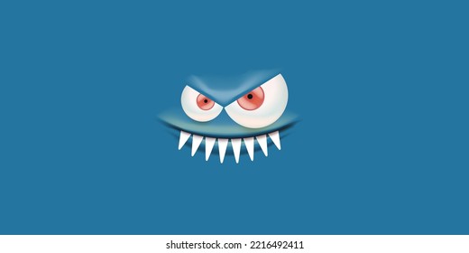 Vector angry blue monster face with open mouth with fangs and evil eyes isolated on blue horizontal background. Halloween cute and angry monster design template for poster, banner and tee print