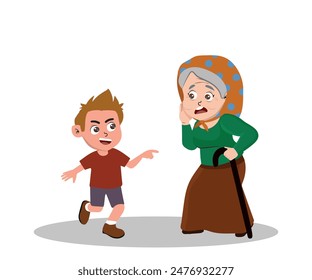 Vector angry boy scolding old woman vector illustration.