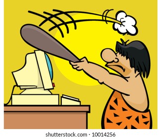 vector of angry caveman, frustrated with his computer