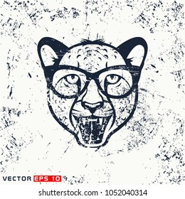Vector angry cheetah head, hipster face on grunge background