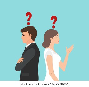 Vector of an angry couple standing back to back have many problems and questions in their relationship