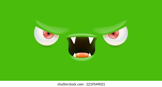 Vector angry green monster face with open mouth with fangs and evil eyes isolated on green horizontal background. Halloween cute and angry monster design template for poster, banner and tee print