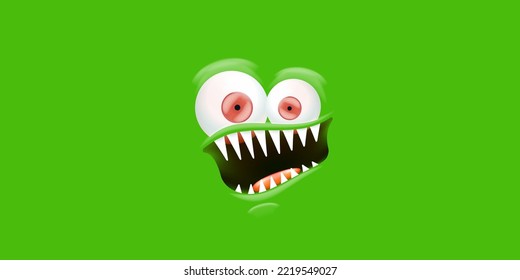 Vector angry green monster face with open mouth with fangs and evil eyes isolated on green horizontal background. Halloween cute and angry monster design template for poster, banner and tee print