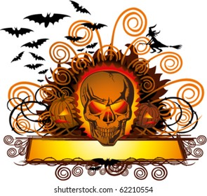vector angry halloween skull with bats and witch