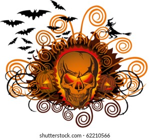 vector angry halloween skull with bats and witch