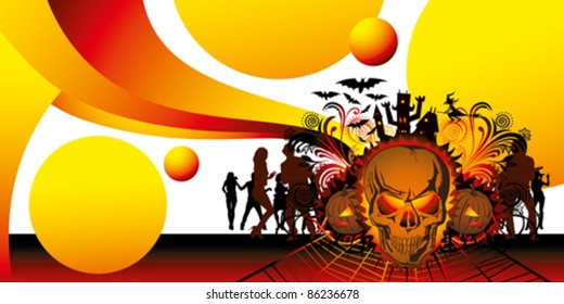 vector angry halloween skull and dancing people silhouette