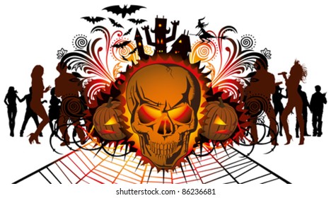 vector angry halloween skull and dancing people silhouette