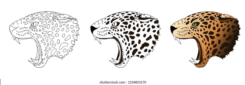 Vector angry leopard portrait. Jaguar emerald green eyes predator head colored and doodle isolated on white background.