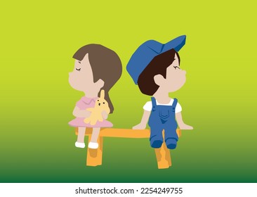 vector angry little boy and girl sitting on park bench illustration