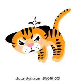 El vector enojado pequeño cachorro de tigre. Símbolo del Año Nuevo 2022, aislado en fondo blanco. 