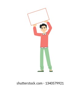 Vector angry man holding blank placard above head with dissatisfied facial expression. Male character at demonstration, strike against policies. Protesting frustrated character, isolated illustration